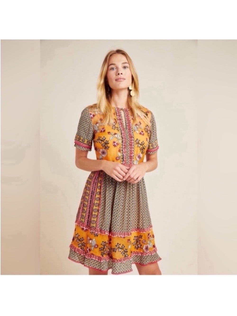 Anthropologie Carmel Embroidered Tunic Mini Dress Sz S Orange Pink Sheer Chiffon